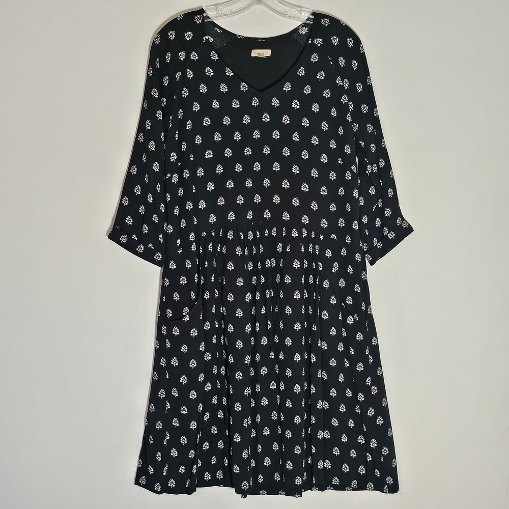 Garnet Hill Dress Womens 08 Black Floral Ikat Dropped Waist Pockets Boho Whimsy